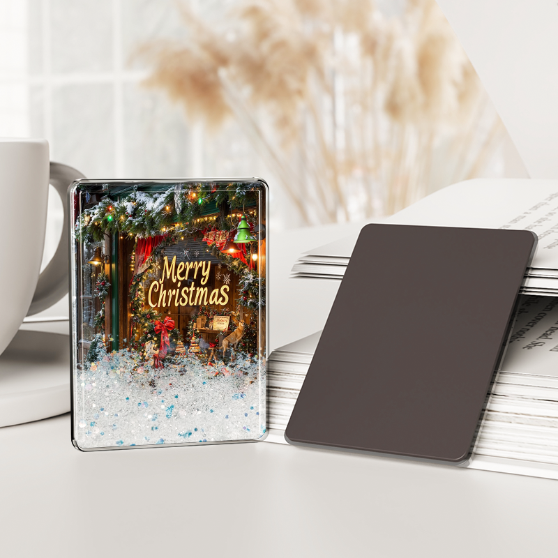 Christmas&Valentine's Day limited edition, customizable acrylic quicksand rectangle fridge magnet - romantic snowflake/heart elements can be freely matched, supporting printing of Santa Claus or coupl