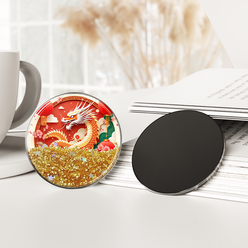New Year&Diwali Limited Edition, customizable circular quicksand round fridge magnet  - shimmering gold and red color scheme and gorgeous flame design, supporting printing of zodiac/fireworks or tradi