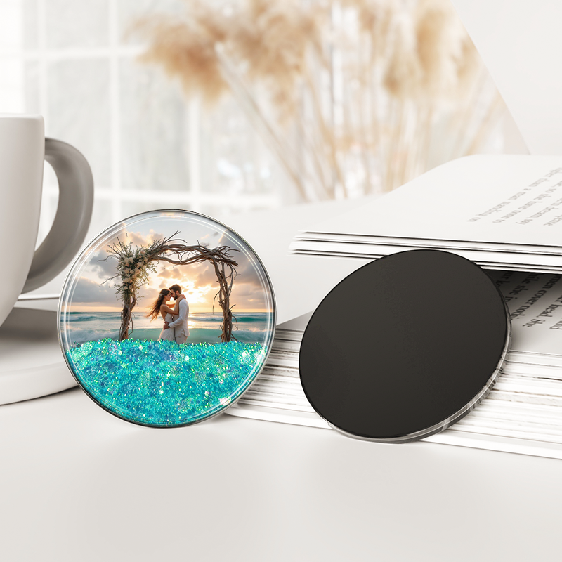 Wedding theme limited, customizable circular quicksand round fridge magnet  - can print the couple's name/wedding photo/love symbol, shining brightly to witness eternal romance, perfect wedding souven