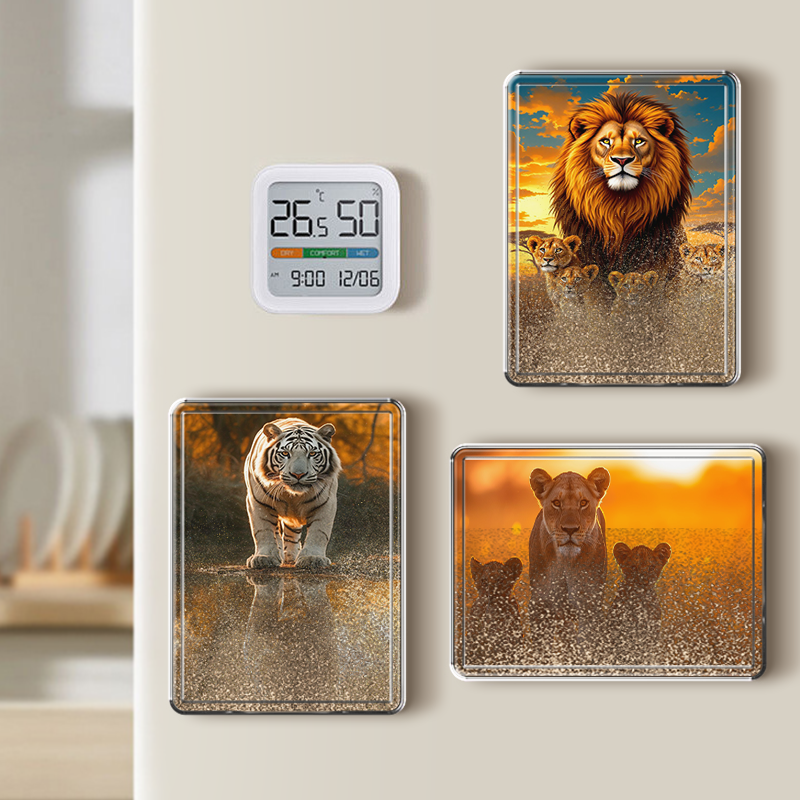 King of Beasts Limited Edition, customizable rectangular quicksand rectangle fridge magnet - can print domineering tiger patterns/lion mane patterns or animal king portraits, dynamic quicksand display