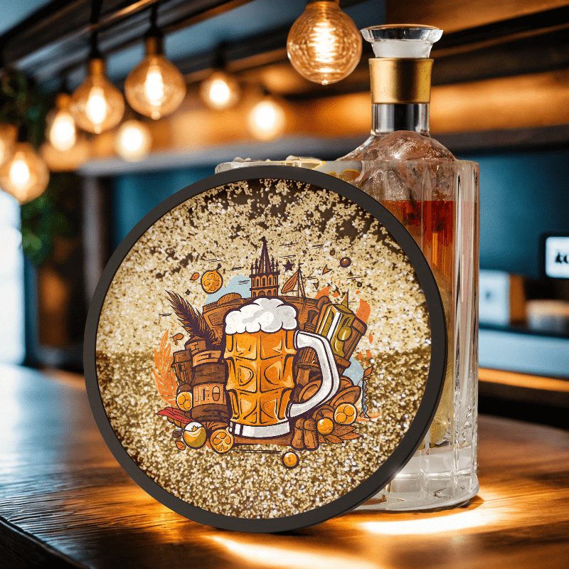  Bar themed customization, round acrylic quicksand cup matt- can print cocktail recipes/bar logos/tipsy quotes, shimmering and simulating the swaying of wine - a must-have personalized coaster for par