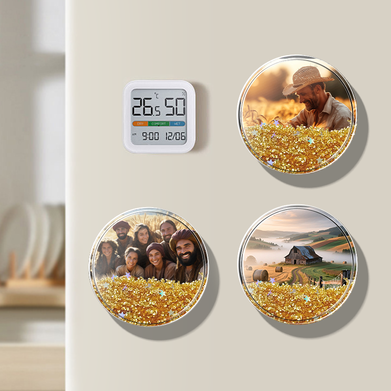 Harvest Joy customizable circular quicksand round fridge magnet. Choose wheat, orchard, or basket designs. Golden sand flows like grain. Perfect for autumn, bringing warm blessings of abundance.