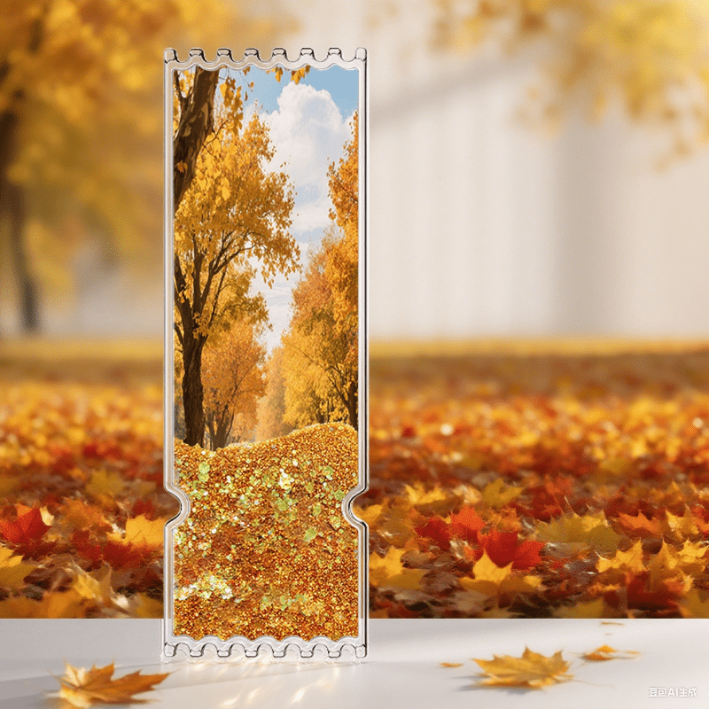 Golden Autumn Time customizable quicksand ticket stub. Choose maple leaves, wheat fields, or sunset prints. Gilded grains dance like fallen leaves. A collectible souvenir sealing the harvest season's 