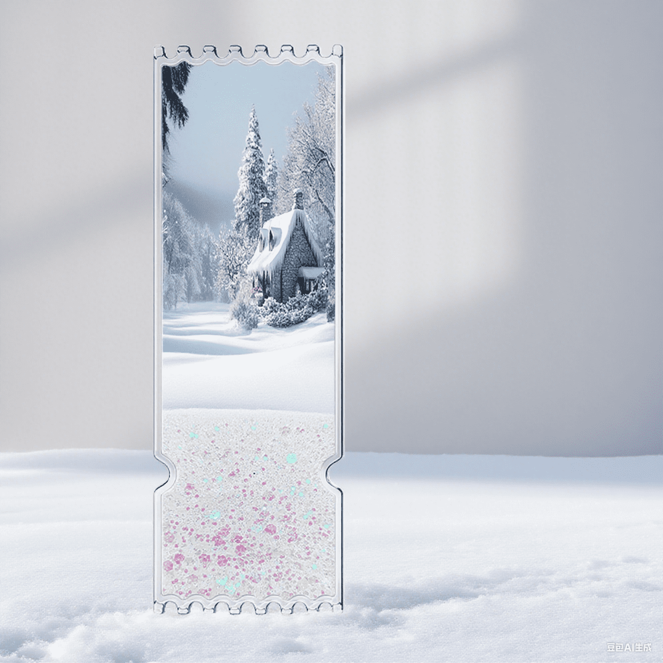 Snow Realm Poetry customizable quicksand ticket stub. Features cedar, aurora, or ice crystal prints. Silver-white sand dances like first snow. A collectible treasure sealing the snow country's tranqui