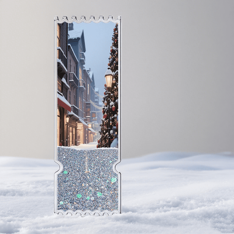 Christmas Street View limited edition，customizable silver quicksand ticket stub. Choose snow windows, Christmas markets, or neon sign prints. Silver snow foam flows like holiday snow. Seals the street