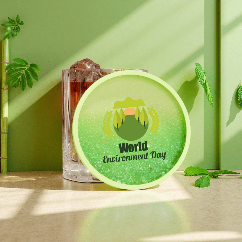 Earth Day themed limited edition, customizable circular quicksand cup matt - can print forest/ocean/earth patterns, blue-green quicksand rotates like a planet - environmentally friendly themed collect