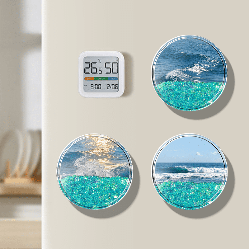 Ocean Rhythm limited edition customizable circular quicksand round fridge magnet. Choose wave, coral, or nautical prints. Blue-white sand flows like waves. Adds a cool, coastal vibe to your home.